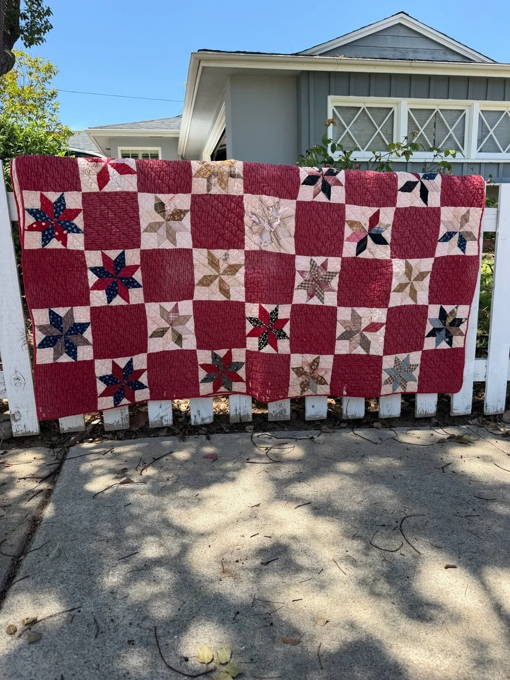 Vintage Lemoyne Star Hand Sewn Quilt Americana Vibes Gauzy Cotton 64x78 CUTTER